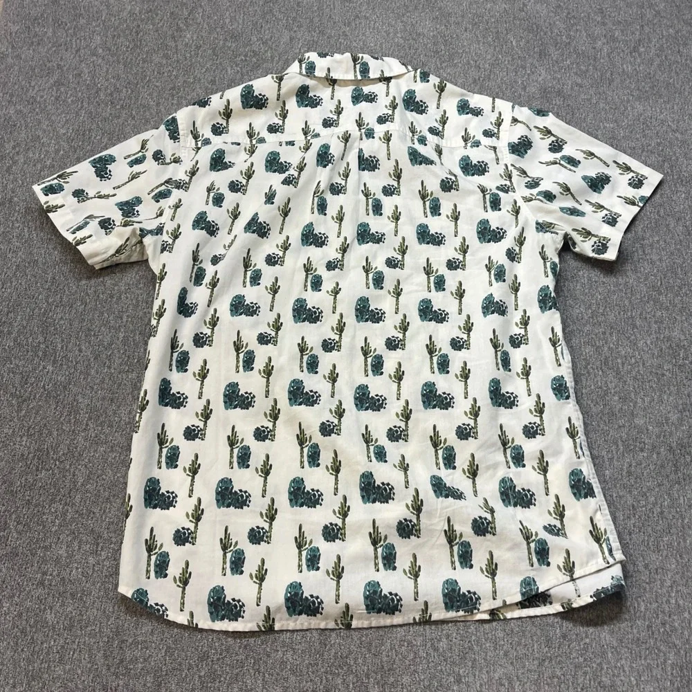 Prana Mens Slim Fit Cactus Print Short Sleeve Button Down Shirt White Green L